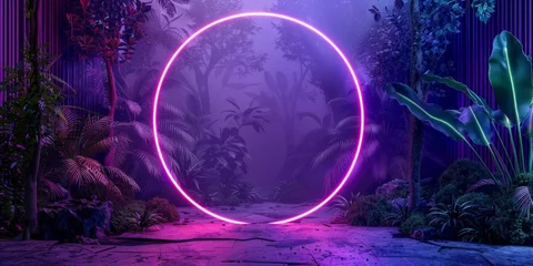 Zelfklevend Fotobehang A glowing neon circle portal stands amid a lush, mysterious jungle landscape at twilight. © tashechka