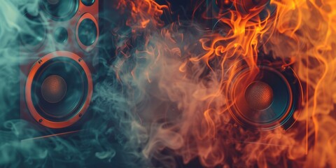 Two speakers emitting vibrant flames and smoke, symbolizing powerful audio dynamics.