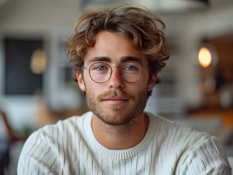 Portrait of a young man with glasses in a modern office setting. Casual business and entrepreneurship concept. Design for profile image, social media
