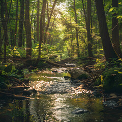 Serene Forest Clearing with a Gentle Stream Flowing generative ai