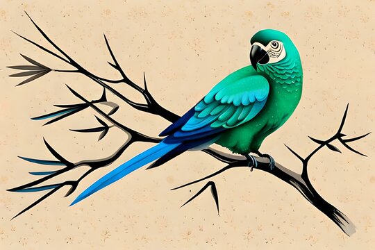 blue parrot art in Japanese sumi-e ink style. ai generated