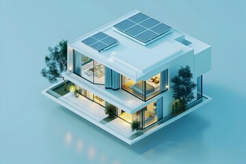 Modern House with Solar Panels over Blue Ocean in Isometric View