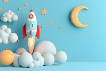 3D Rendered Moon with Whimsical Rocket