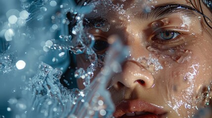 A dynamic shot of a model splashing water on their face to demonstrate the refreshing effect of a cleanser, - obrazy, fototapety, plakaty