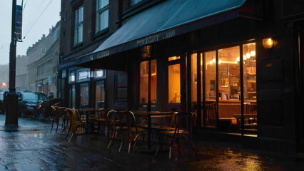 coffee shop  in the street i the night with little rain abstract background  