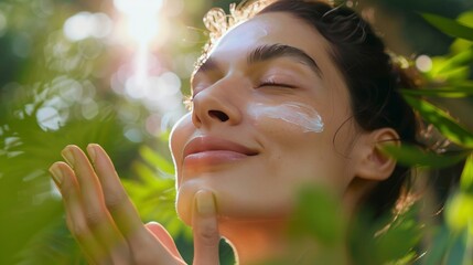 A lifestyle shot of a model enjoying a skincare routine outdoors, with soft natural light accentuating their glowing complexion, 