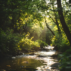 Obraz premium Serene Forest Clearing with a Gentle Stream Flowing generative ai