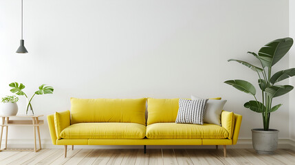 A yellow sofa with pillows and plants