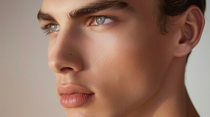 A serene portrait of a male model with a flawless complexion, emphasizing the results of a consistent skincare regimen,  - obrazy, fototapety, plakaty