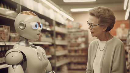 Fototapeta na wymiar A senior lady and her high-tech robot companion navigate mall, making shopping a breeze.