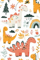 Obraz premium Colorful cartoon dinosaurs in a whimsical landscape. This vibrant image showcases playful cartoon dinosaurs in a variety of colors, surrounded by whimsical flora and other cute elements
