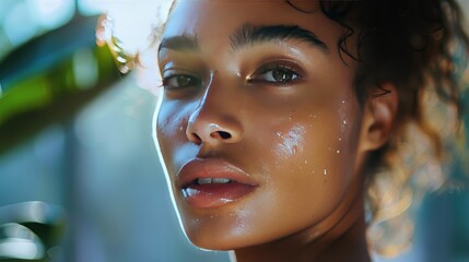 A serene portrait of a model with dewy, luminous skin, highlighting the natural beauty enhanced by a skincare routine,  - obrazy, fototapety, plakaty