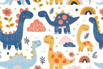 Fototapeta premium Colorful cartoon dinosaurs in a whimsical landscape. This vibrant image showcases playful cartoon dinosaurs in a variety of colors, surrounded by whimsical flora and other cute elements