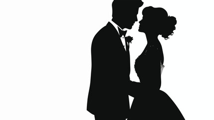 Silhouette of a bride and groom black and white flat