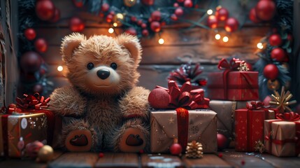 teddy bear with christmas gifts