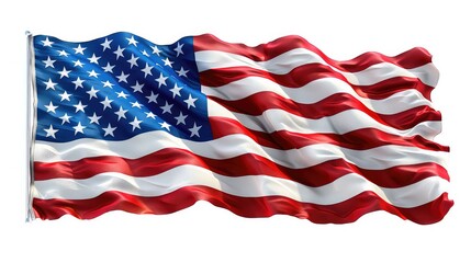 Obraz premium 14 June Flag Day, American Flag waving in the wind isolated on white background.