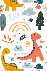 Obraz premium Colorful cartoon dinosaurs in a whimsical landscape. This vibrant image showcases playful cartoon dinosaurs in a variety of colors, surrounded by whimsical flora and other cute elements