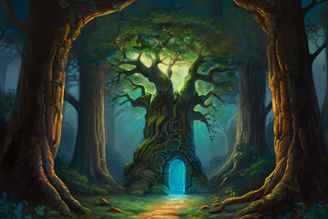 Ancient tree painting. Glowing doorway in trunk leads to luminous, enchanted realm. Surreal and mystical artwork