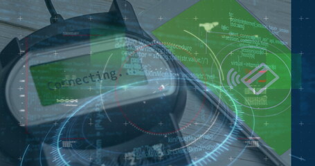 Image of data processing over payment terminal and smartphone