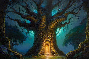 Fototapeta premium Ancient tree painting. Glowing doorway in trunk leads to luminous, enchanted realm. Surreal and mystical artwork