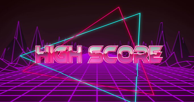 Image of high score text in multicolored triangles over grid pattern and digital mountains