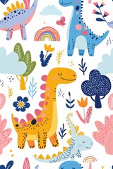 Colorful cartoon dinosaurs in a whimsical landscape. This vibrant image showcases playful cartoon dinosaurs in a variety of colors, surrounded by whimsical flora and other cute elements