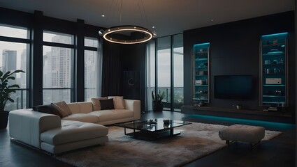 Fototapeta premium A luxurious modern living room with a panoramic cityscape view, featuring an elegant white sofa, a glass coffee table, and stylish decor