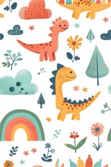Obraz premium Colorful cartoon dinosaurs in a whimsical landscape. This vibrant image showcases playful cartoon dinosaurs in a variety of colors, surrounded by whimsical flora and other cute elements