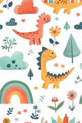 Colorful cartoon dinosaurs in a whimsical landscape. This vibrant image showcases playful cartoon dinosaurs in a variety of colors, surrounded by whimsical flora and other cute elements