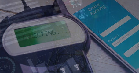 Image of data processing over payment terminal and smartphone