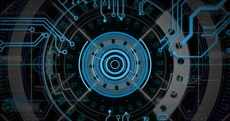Image of motherboard and circular blue scanner processing data