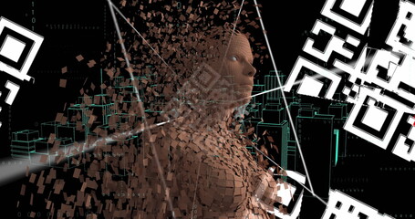 Image of qr code scanner over human body model against spinning 3d city model