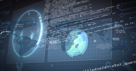 Image of interface with data processing over world map against blue background