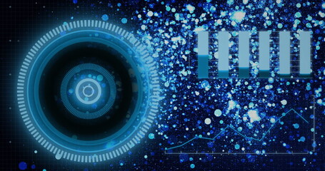 Image of circular scanner and processing data over blue particles on black background