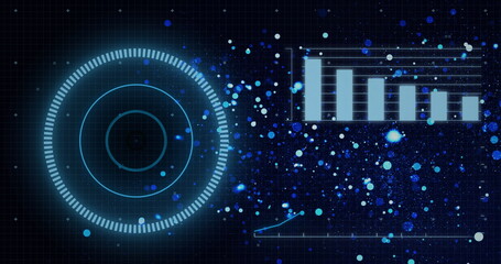 Image of circular scanner and processing data over blue particles on black background