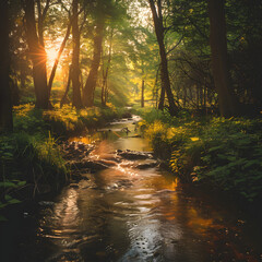 Fototapeta premium Serene Forest Clearing with a Gentle Stream Flowing generative ai