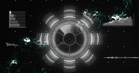 Image of grey circular scanner and processing data on interface with black background
