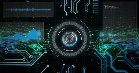 Image of circular scanner and processing data on interface over motherboard on black background