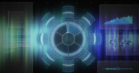 Fototapeta premium Image of circular scanner and processing data over blue lights on black background