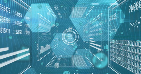 Image of numbers over interface with data processing against hexagonal shapes on blue background