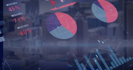 Image of statistical data processing against aerial view of cityscape