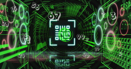 Image of qr code and data processing over neon tunnel