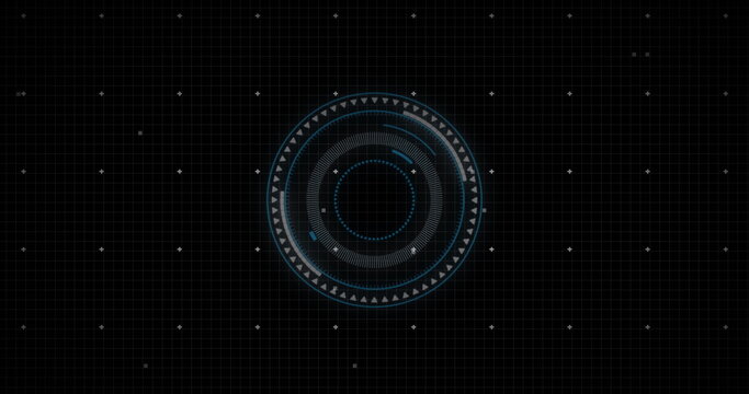 Image of blue circular scanner and motherboard processing data on black background