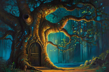 Obraz premium Ancient tree painting. Glowing doorway in trunk leads to luminous, enchanted realm. Surreal and mystical artwork