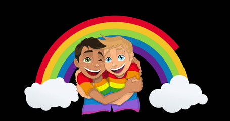 Image of male gay couple in rainbow t shirts over rainbow background