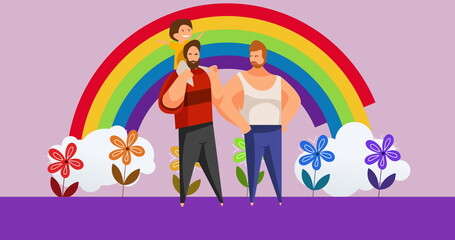 Image of male gay couple with child over rainbow on purple background