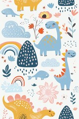 Obraz premium Colorful cartoon dinosaurs in a whimsical landscape. This vibrant image showcases playful cartoon dinosaurs in a variety of colors, surrounded by whimsical flora and other cute elements