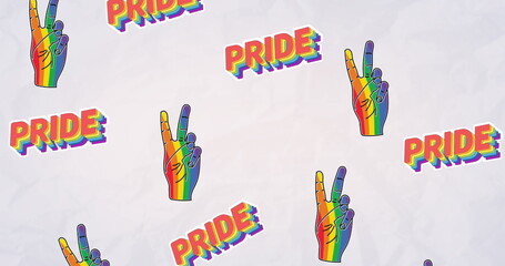 Image of rainbow pride text and victory signs over rainbow background