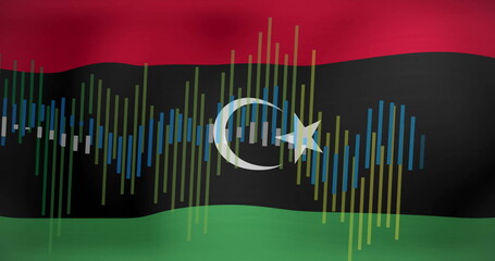 Image of graphs and processing data over flag of libya