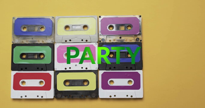 Image of party text over tape on yellow background